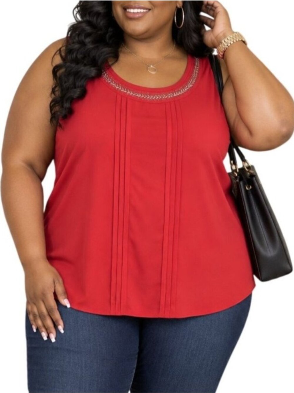 Cato Plus Size 22/24W Top Red Sleeveless Beaded Scoop Neck Pleated Flowy Blouse